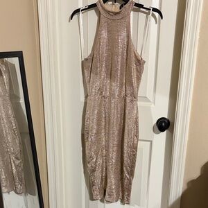 Lulu's Shimmery Gold Mock Neck Midi Dress